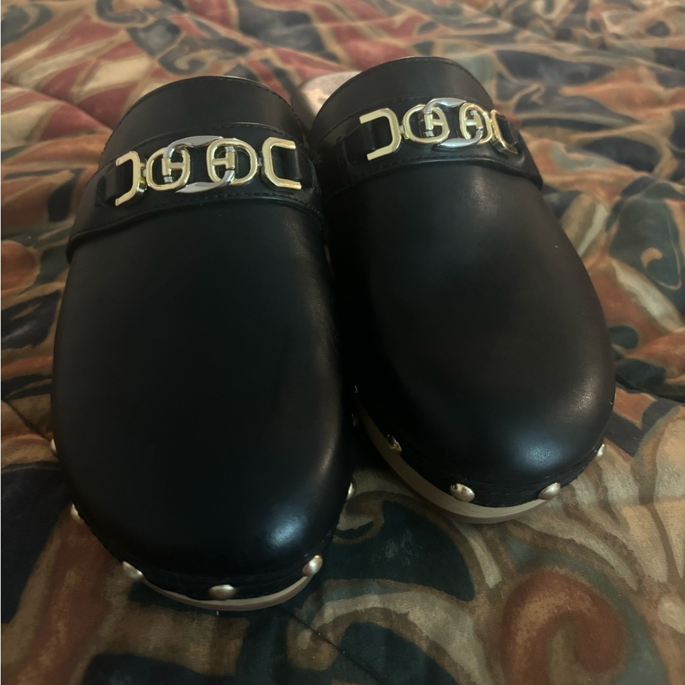 Black Leather Clogs with Gold Accents